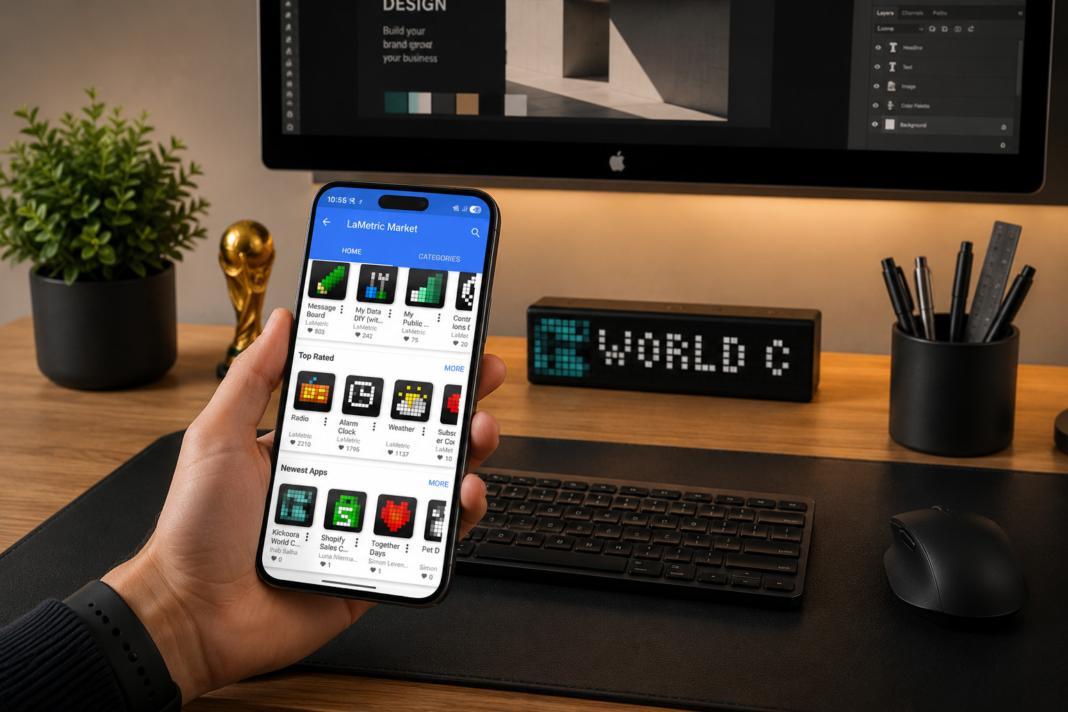 Hand holds an iPhone displaying the LaMetric Market app against a desk setup with keyboard, mouse, and a pixel LED sign in the background reading 'WORLD'.